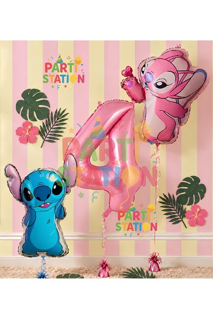 Stitch and Angel Balloon 4Th Birthday Set Pink Number 4 Foil Balloon & Party Decoration