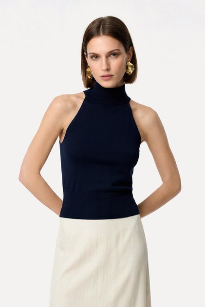 Women's Navy Blue Fitted Halter Neck Sleeveless Sweater