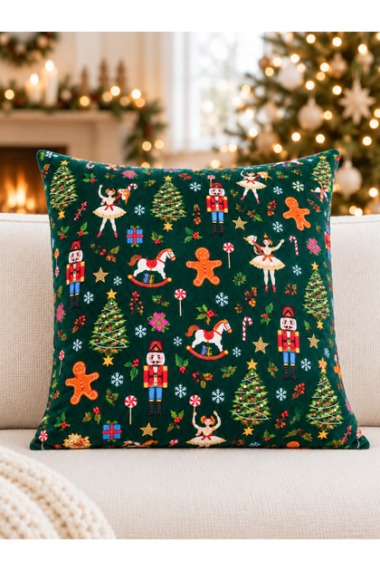 Christmas Soldier and Ballerina Patterned Velvet Cushion Cover Green 43X43 cm