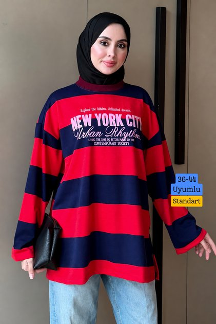 Women's 3 Thread Non-Printed Striped Crew Neck Tunic 390.5 Navy Blue