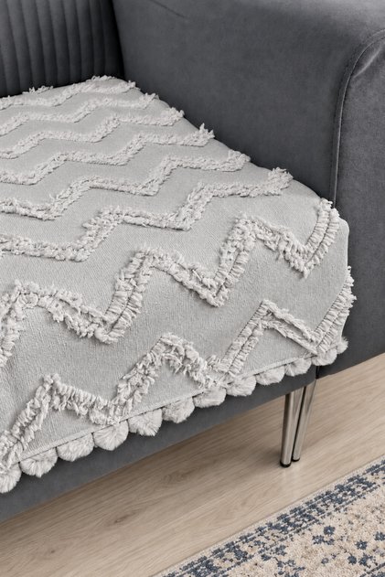 Siena Ponponlu Koltuk Örtüsü 85 x 215 cm Bohem Sakallı Koltuk Örtüsü Şönil Dokulu Dekoratif Çekyat ve Kanepe Örtüsü