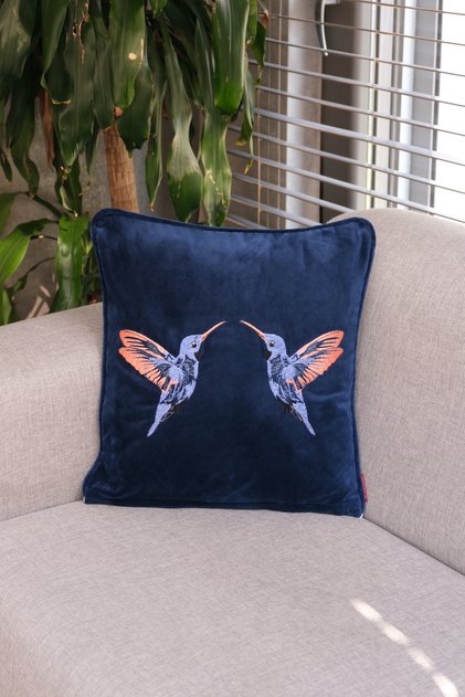 Bee Hummingbird Navy Blue Throw Pillow Cover