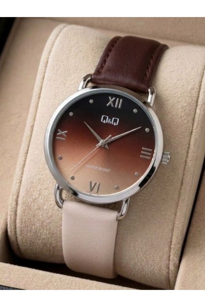 Women's Brown Cream Dual Color Vegan Leather Metal Frame Gradient Dot Display Elegant Wristwatch