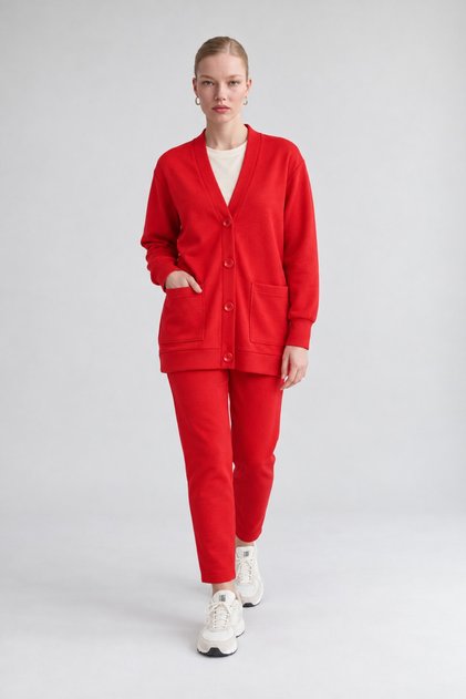 Buttoned Closure Cardigan Suit with Trousers Red