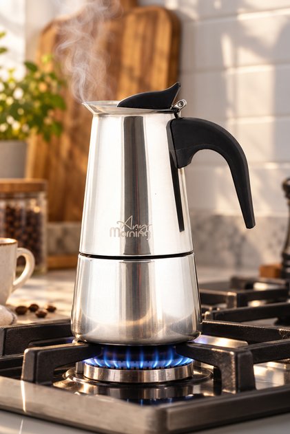 Çelik Moka Pot 300 ml (6 Shot) 18/10 Paslanmaz Çelik Espresso Demleme Potu