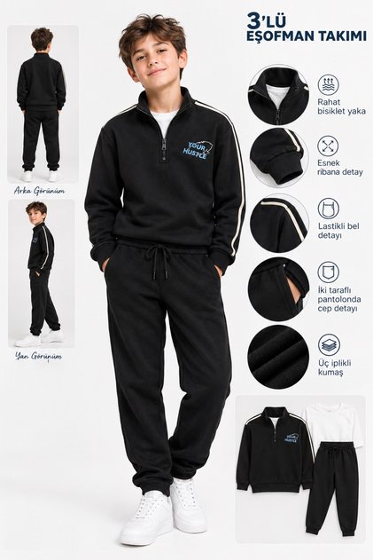 Boy's “Your Hustle” Embroidered Tracksuit Set - Black 3-Ply Shardedon