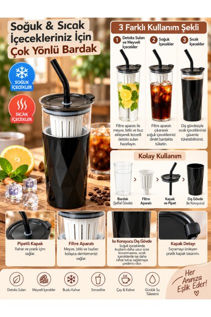 H2O 5 in 1 Glass Detox Mug with Steel Straw and Cleaner Gift 650 ml