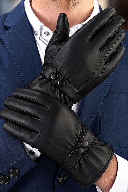 Men's Imported Black Leather Gloves 1St Grade Classroom-Friendly Fleece-Lined Touchscreen-Compatible Snow Gloves