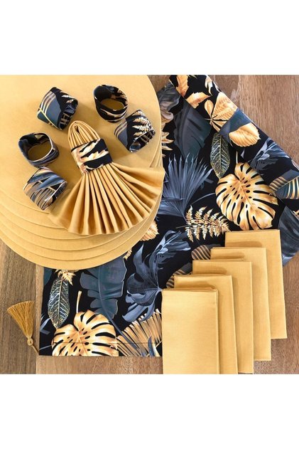 American Service, Gold Leaf 6 Plates, 6 Napkins, 6 Napkin Rings and Runner Tk5