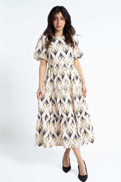 Floral Print Midi Dress with Puff Short Sleeves