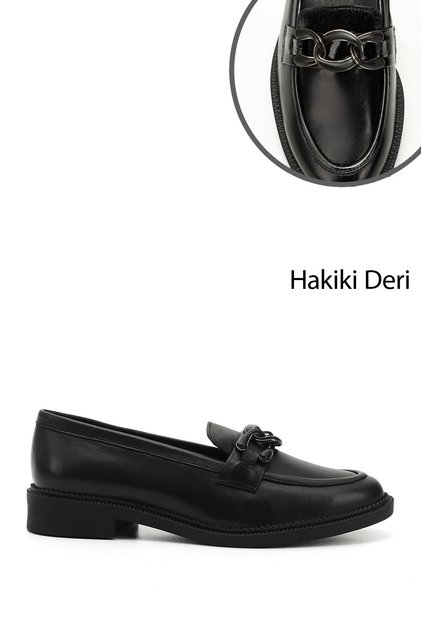 Kadın Siyah Tokalı Hakiki Deri Loafer Ayakkabı