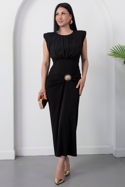 Crew Neck Gathered Side Buckle Dress K-251642