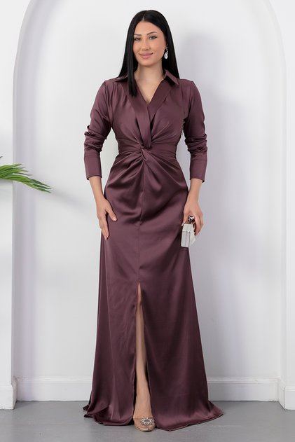 Shirt Collar Long Sleeve Front Knotted Dress K-262716