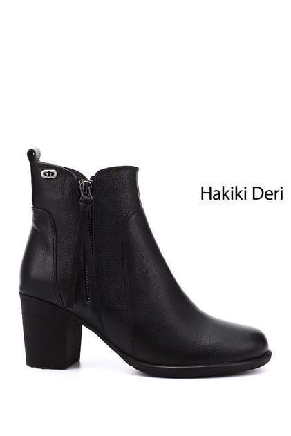 Women's Black Floater Zippered Thick Heeled Genuine Leather Boots