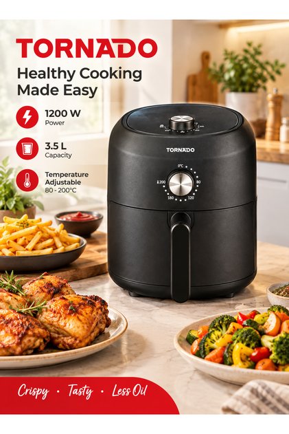 Air Fryer 3.5 Liter 1200W, Rapid Hot Air System, 80-200°C Temp Control, 60-Min Timer with Auto Shut-Off, Non-Stick Detachable Drawer, Black - TFN-A1235MB1AG - 1-Year Free