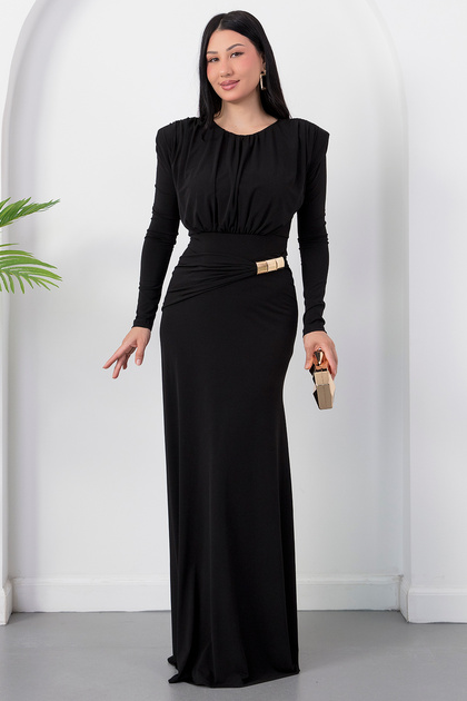Crew Neck Long Sleeve Dress with Buckle at Waist K-262732