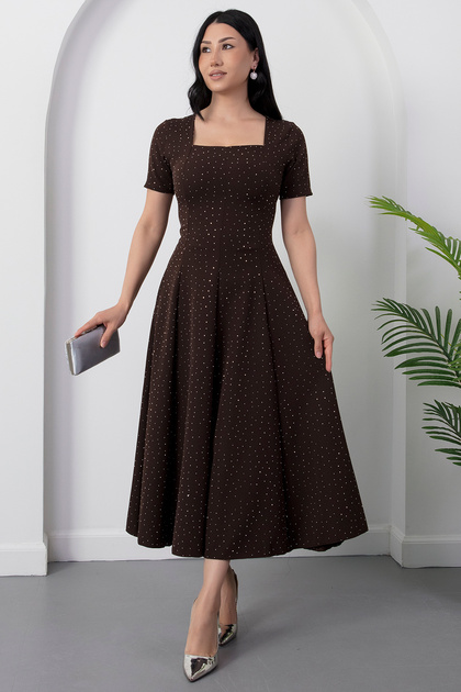 Square Neckline Stoned Short Sleeve Dress 2026-4605