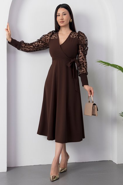 Rochie cu umerii goi, din crep flocat, cu mâneci, 2025-4376