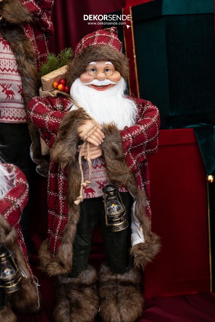 Christmas Plaid Brown Fur Santa Claus Figure Red 60 cm