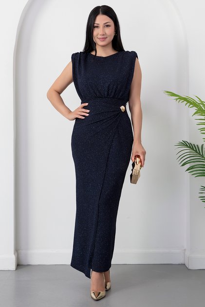 Bicycle collar waist buckled glitter dress grs4100