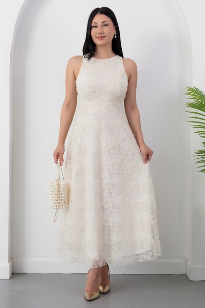 Halter Neck Embroidered Tulle Dress Grs4112