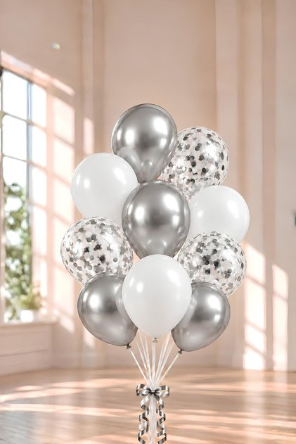 12 Inch White Silver and Confetti Mixed Balloon 10 Pcs