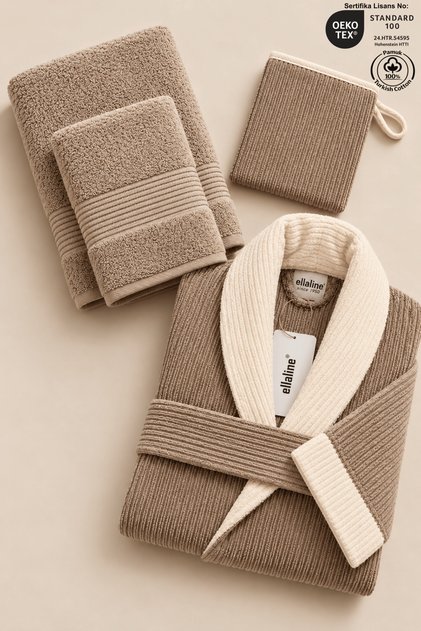 Eldy Contrast Bathrobe Set 4 Pieces, 100% Cotton Certified Striped Shawl Collar Bathrobe Set - Beige