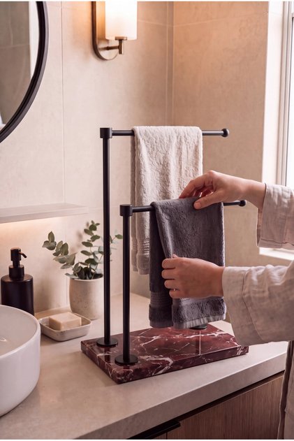 Natural Elazığ Cherry Marble Base Double Handle Matte Black Metal Towel Holder | Countertop Bathroom Towel Stand | 25X15 cm