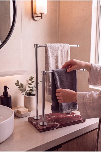 Natural Marble Elazığ Cherry Base Double Arm Chrome Metal Towel Holder | Countertop Bathroom Towel Stand | 25X15 cm