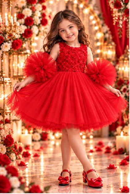 red Pom-Pom Sleeved rose patterned tulle Party And Birthday Dress