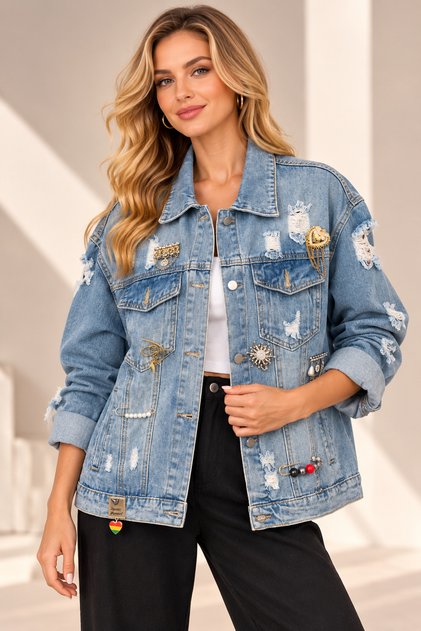 Mavi Kot Ceket – Apoletli Taşlı & Yırtık Detaylı Oversize Denim Ceket
