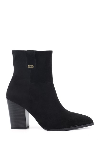 Women's Black Suede Pointed Toe Thick Heeled Boots