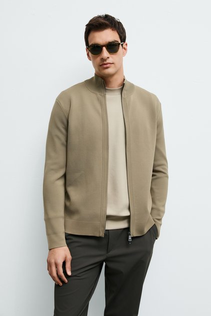 Enrico Zippered High Collar Knitwear Cardigan Beige