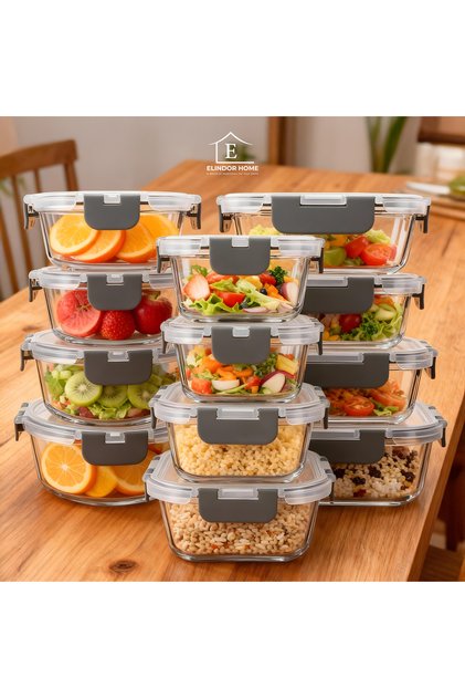 Set de 12 caserole din sticlă Elindor®, recipiente pentru ingrediente de bucătărie, transparente, potrivite pentru congelator