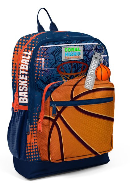 Kids Orange Navy Blue Basketball Patterned School Backpack 23766