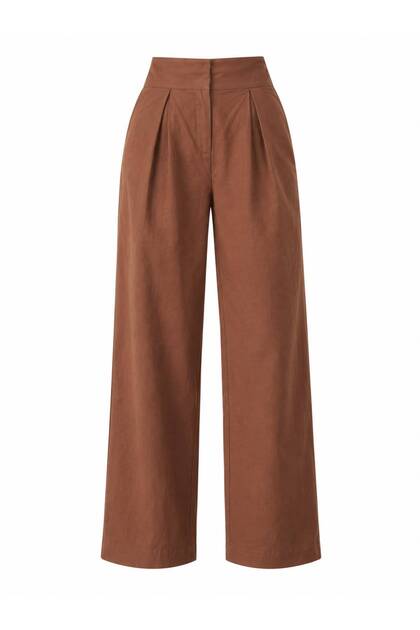 Women's Brown High Waist Pleated Detailed Fabric Trousers