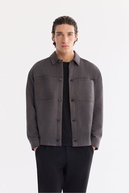 Men's Anthracite Classic Collar Suede Textured Seasonal Comfort Fit Coat A61Y6003