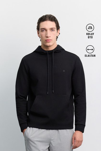 Men's Black Hooded Easy-Iron Interlock Regular Fit Sweatshirt B001034
