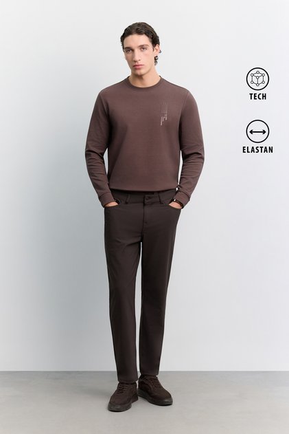 Men's Brown Classic 5-Pocket Elastane Technical Fabric Comfort Slim Fit Trousers A62Y3062