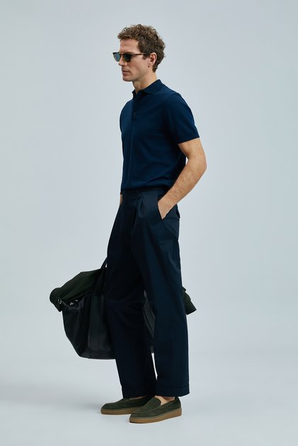Fredico Smart Men's Chino Trousers Comfort Pleated Navy Blue