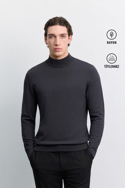 Men's Anthracite Half Turtleneck Rayon Non-Pilling Basic Knitwear Regular Fit Sweater B005151