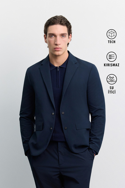 Men's Navy Blue Mono Jacket, Side Pockets, Zipper Detail, Snap Closure, Technical Classic Jacket A62Y4000
