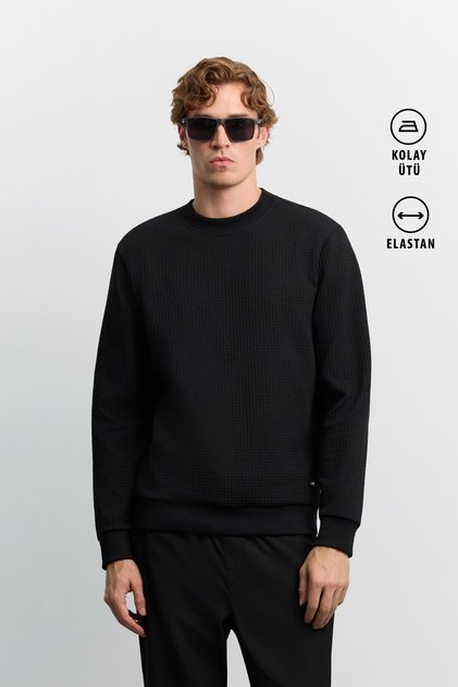 Men's Black Crew Neck Easy-Iron Jacquard Regular Fit Sweatshirt A62Y1256