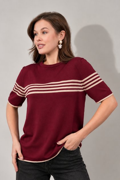Women's Crew Neck Short Sleeve Striped Knit Blouse 25111 Burgundy-Beige