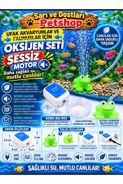 🐠 MİNİ AKVARYUMLAR VE FAUNUSLAR İÇİN OKSİJEN SETİ 🐠(Sobo AQ-003 sessiz hava motoru +1,5 m hortum+balon hava taşı+2 adet vantuz)