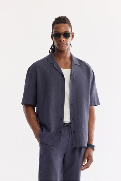 Men's Navy Blue Apaj Collar Cotton Breathable Short Sleeve Comfort Fit Shirt A61Y2011