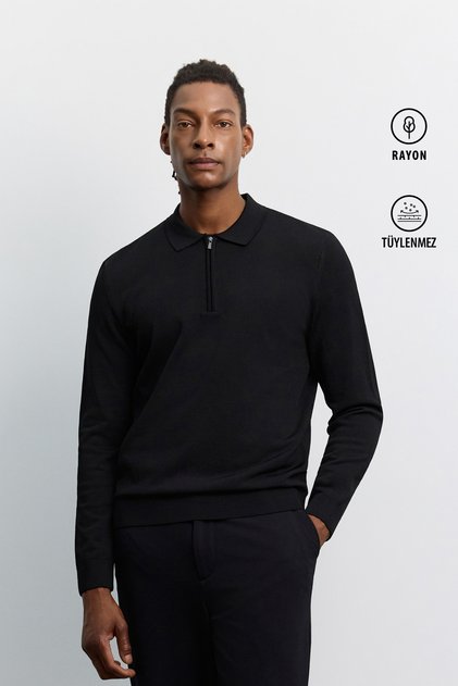 Men's Black Polo Neck Rayon Anti-Pilling Basic Knitwear Regular Fit Sweater B005150