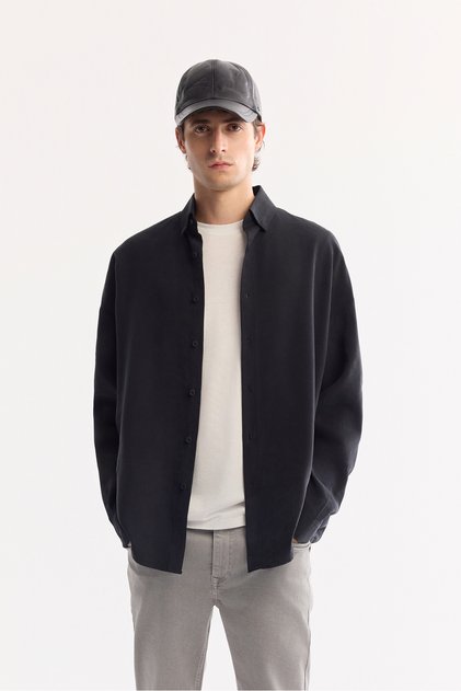 Men's Black Buttoned Collar Soft Touch Oversize Oversize Fit Shirt A52Y2023
