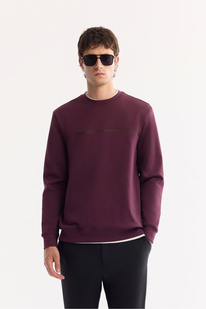 Men's Burgundy Crew Neck Cotton Bi-Stretch Printed Regular Fit Sweatshirt A52Y1325