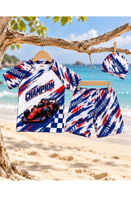 Boys' 3 Piece Swimsuit Set with Racing Car Pattern T-Shirt Shorts and Cap